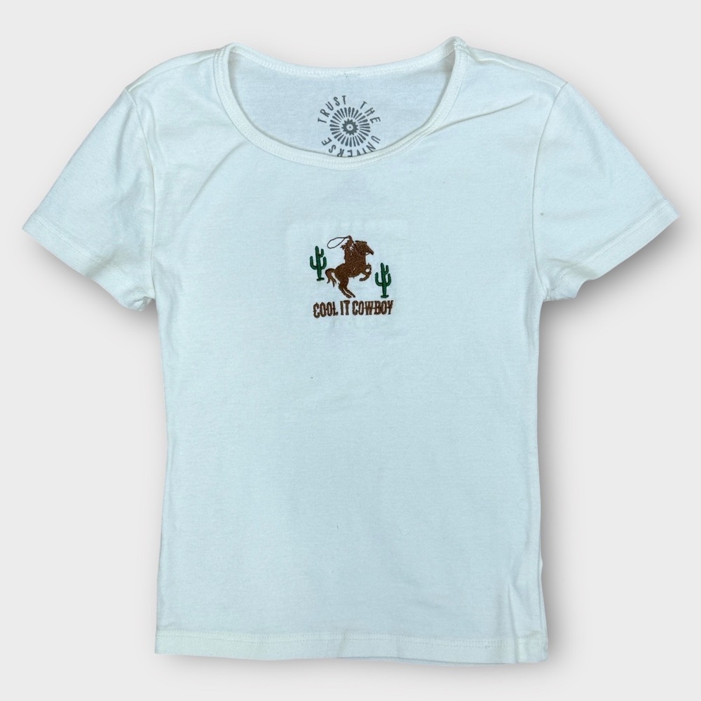 Trust The‎ Universe Cool It Cowboy Graphic Baby Tee Shirt S Western Embroidered